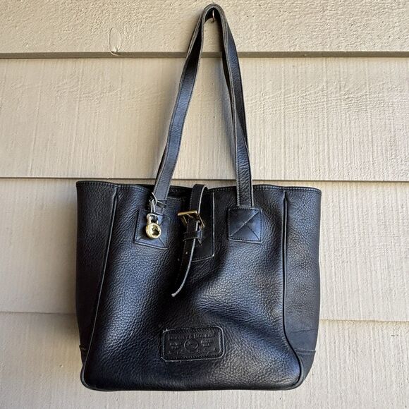 Vintage Dooney & Bourke USA Black All Weather Leather Tote Bag Brass Feet Purse - Picture 7 of 11